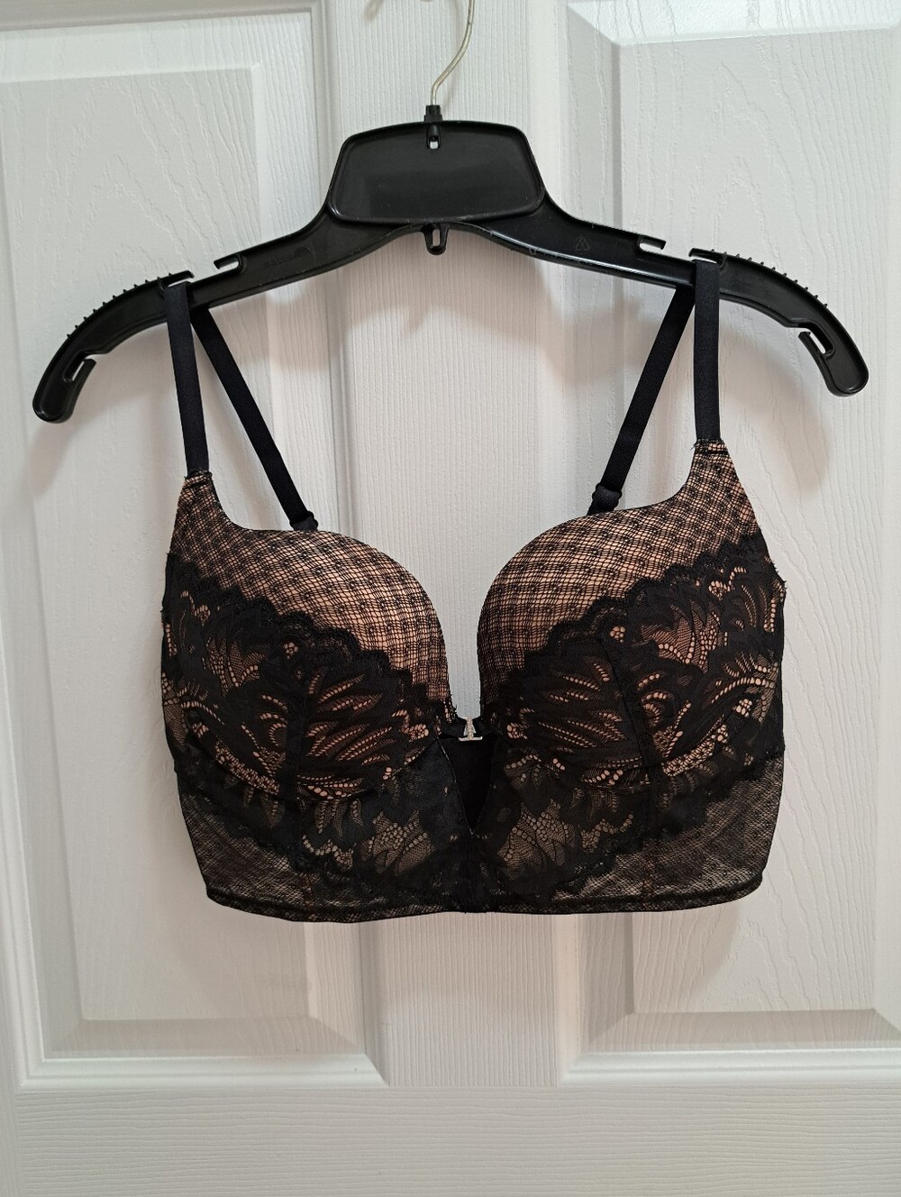 Adore Me Camilla Push Up Plunge Bra Black Lace Womens Size 36DD Longline Mesh